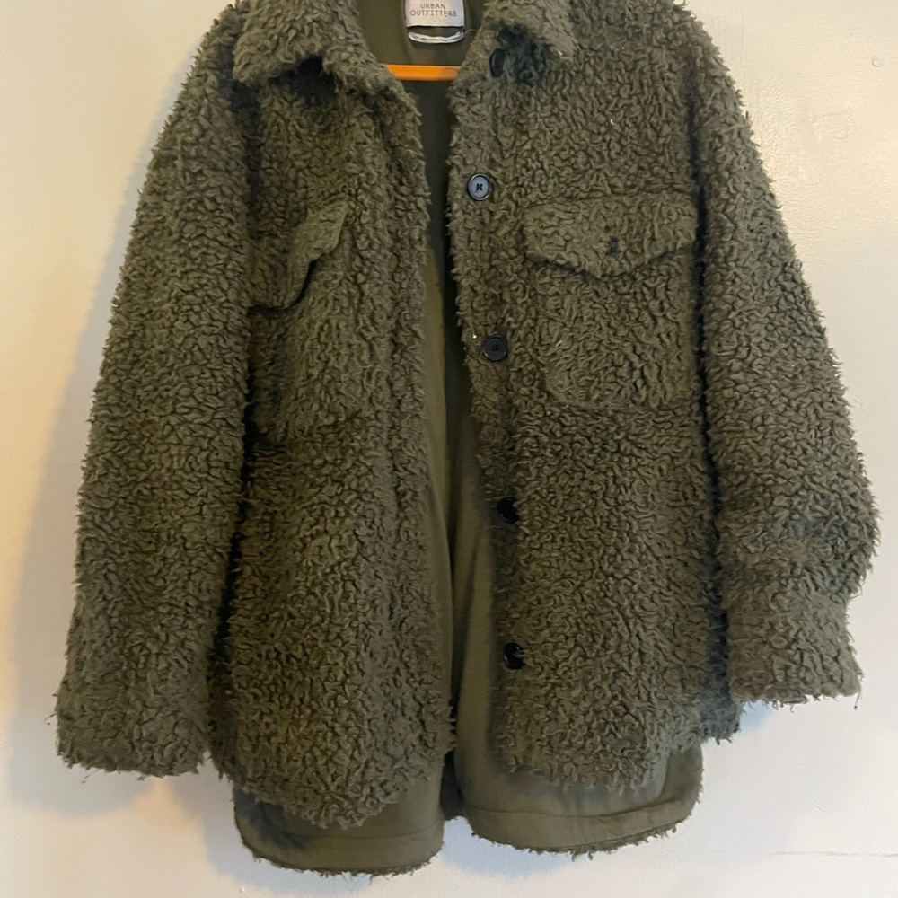 Urban Outfitters Women's S Teddy Sherpa Jacket Green Button Oversized Shacket